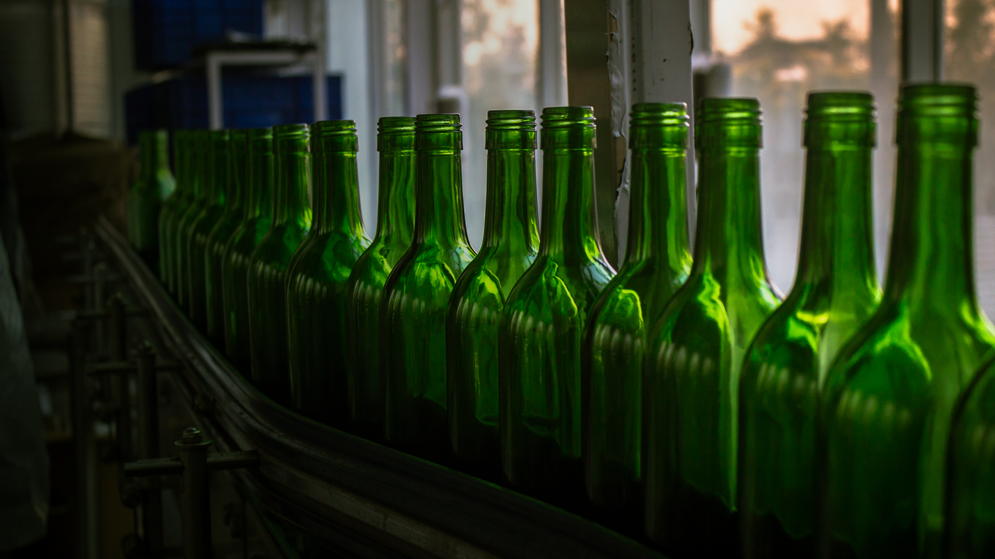 A row of green bottles on a factory production line.