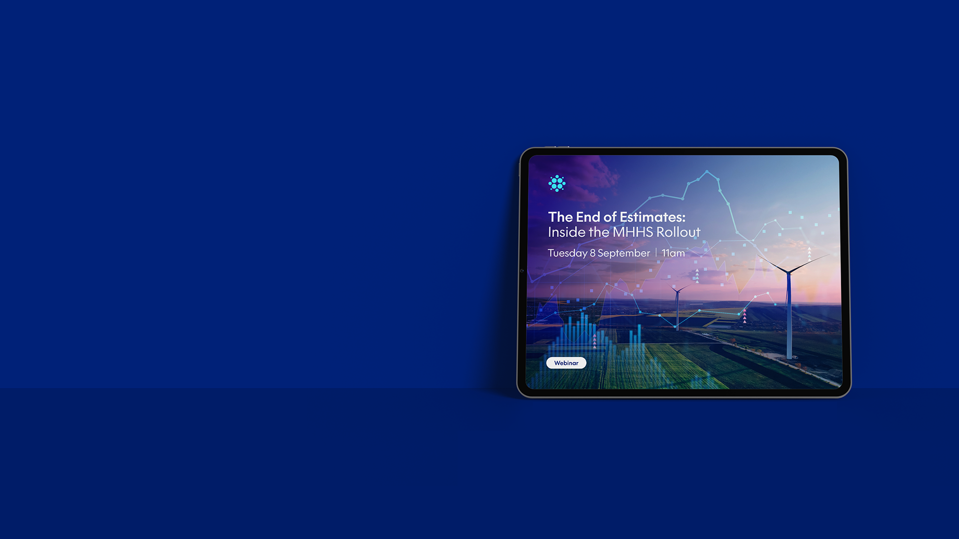 Preview of the webinar on an iPad leaning against a blue background