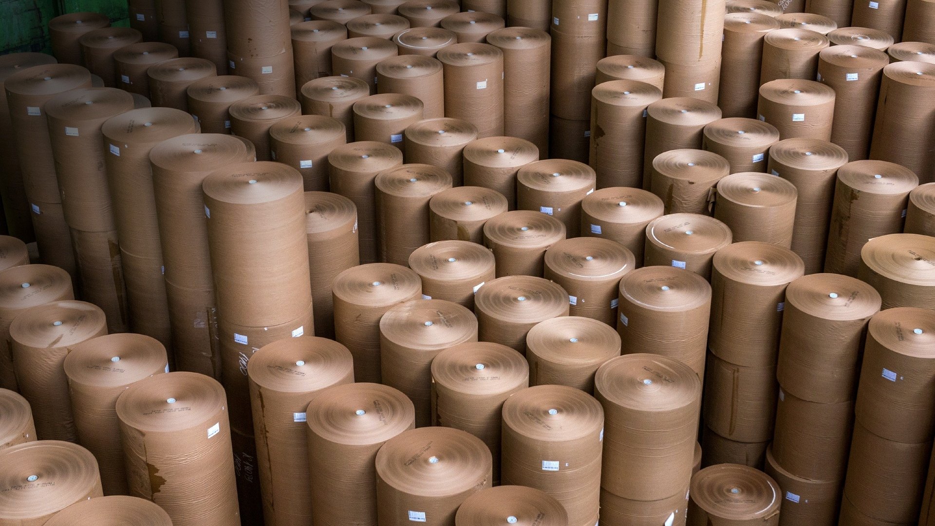 Rows of rolls of brown paper lined up in straight lines.