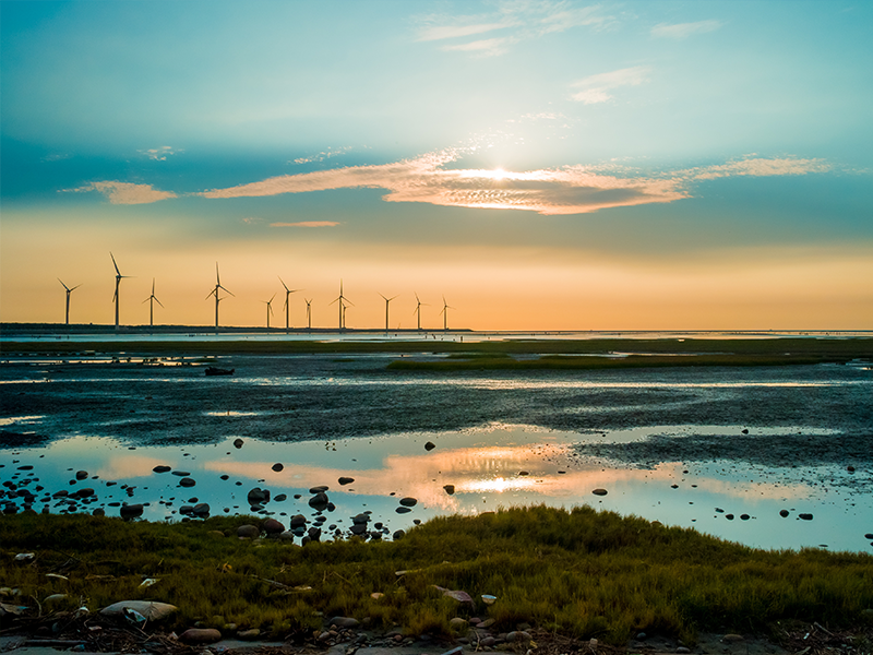 Coastal landscape at sunset with wind turbines lined along the horizon, shallow tidal pools reflecting the sky, scattered rocks, and patches of green marshland in the foreground.
