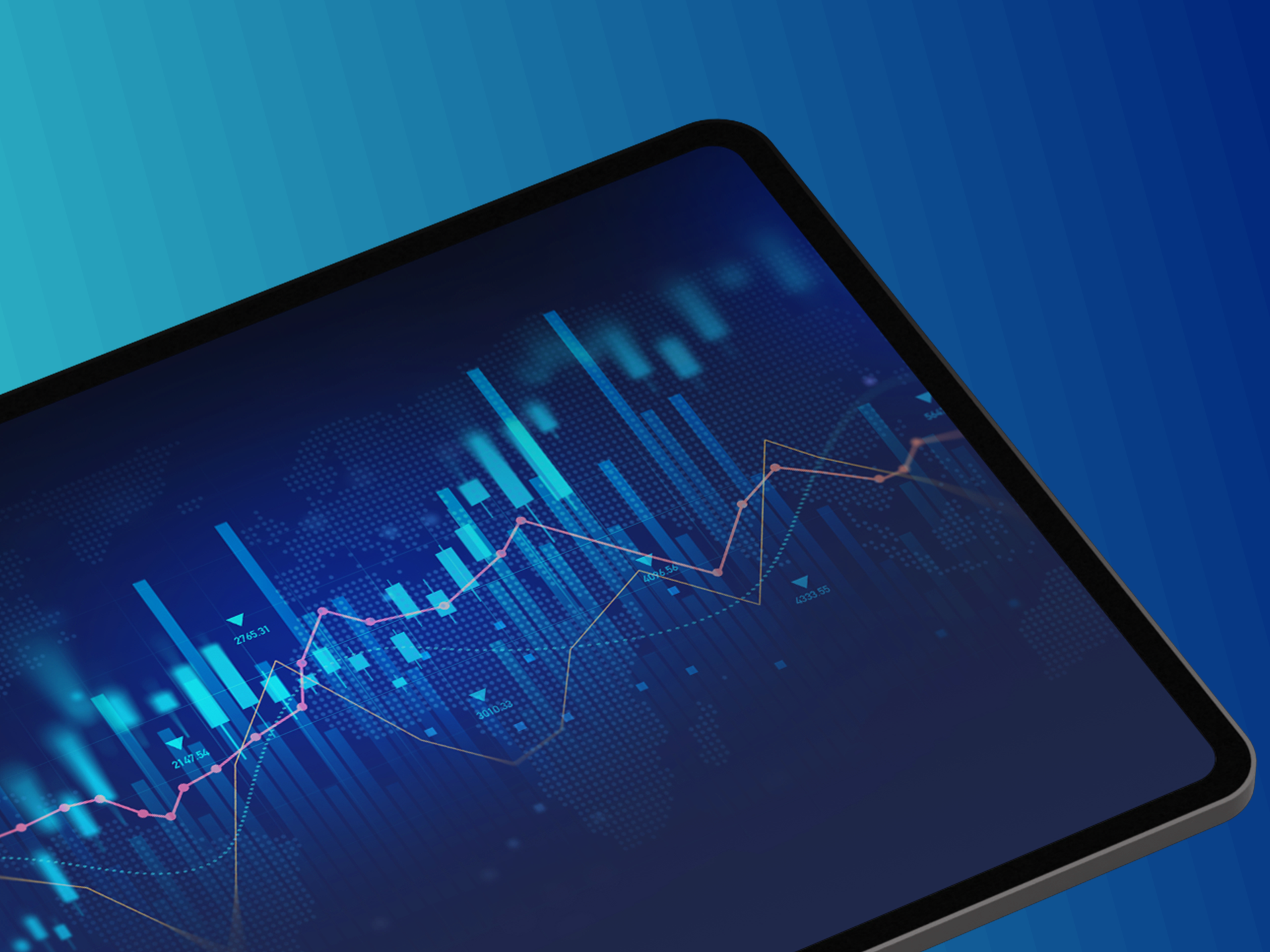 A tablet showing line graphs and bar charts against a turquoise gradient background.