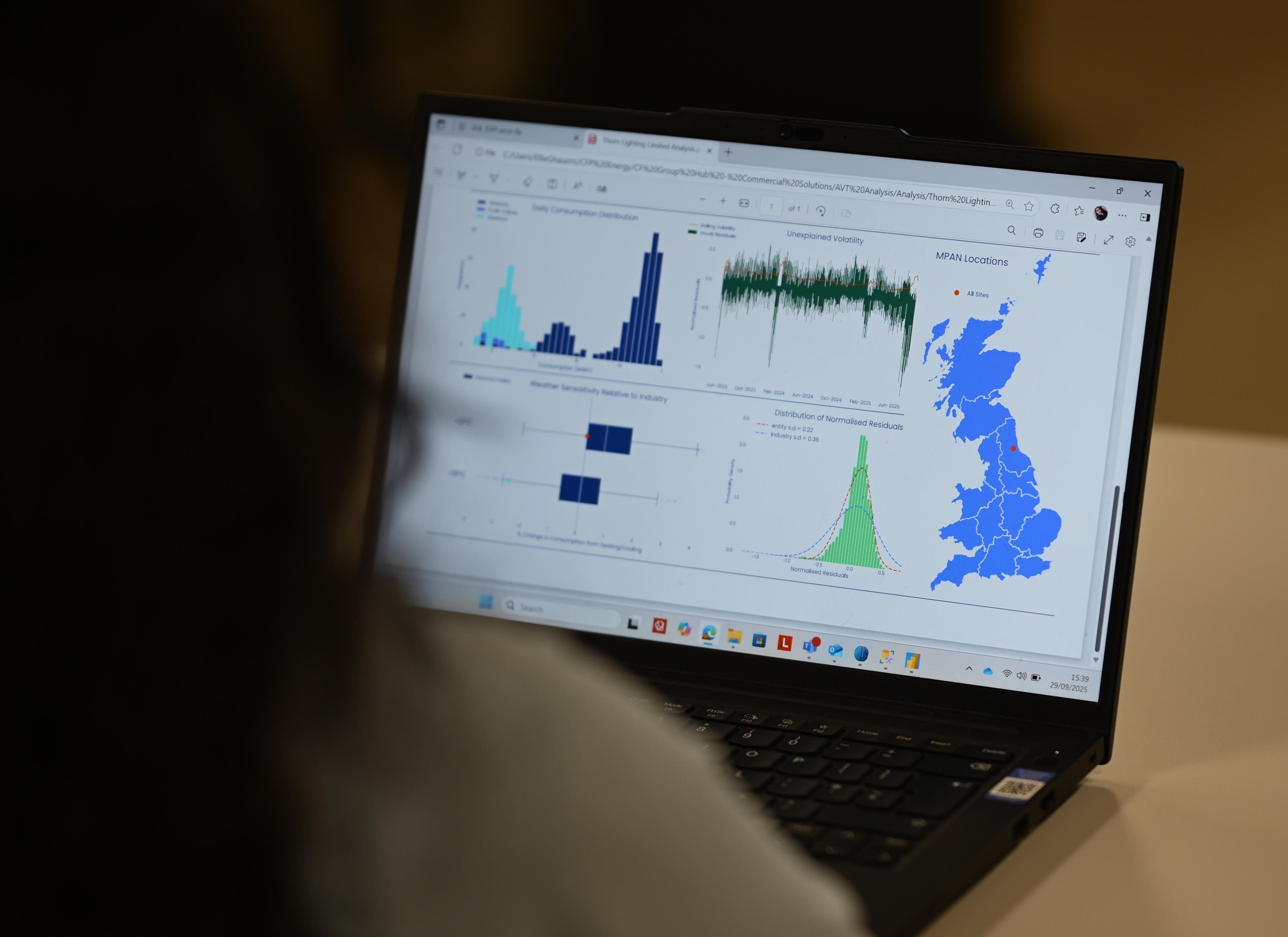 A laptop screen showing an energy data dashboard.