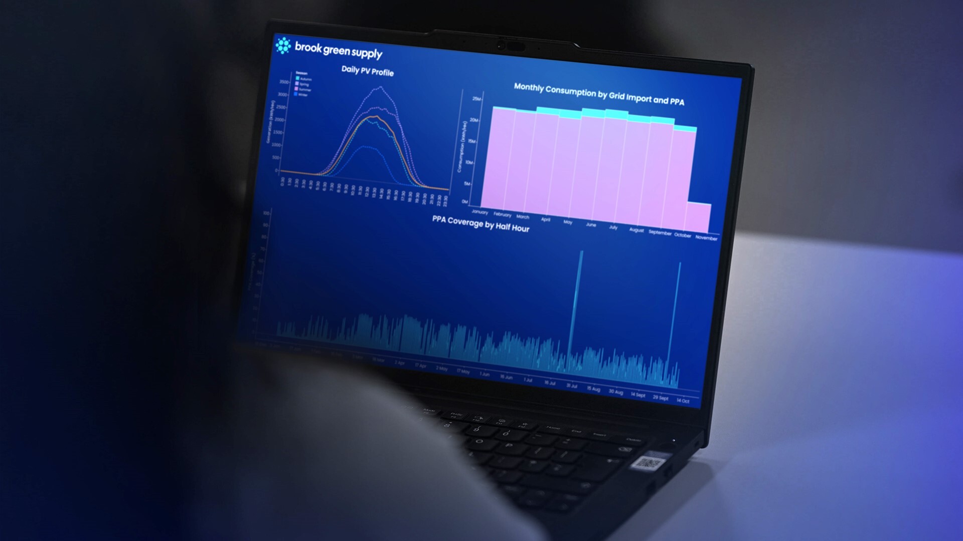 Person looking at laptop showing energy data.