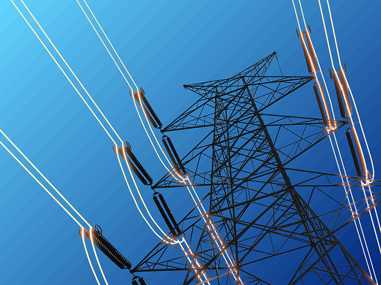 An electricity pylon with blue glowing wires against a blue gradient background.