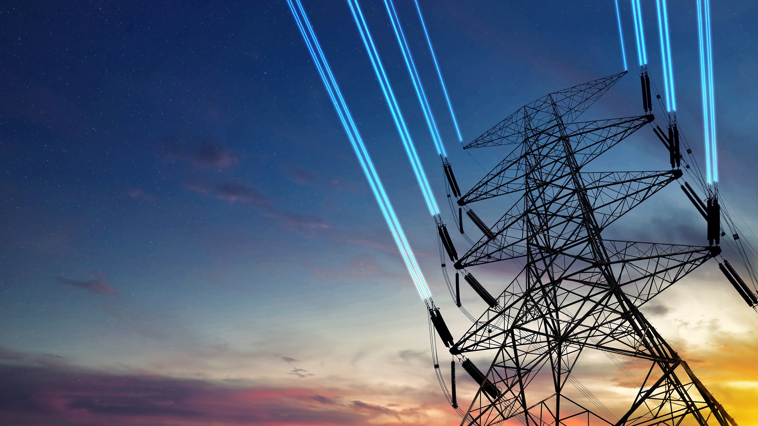 An electricity pylon set against a darkening skyline, with blue glowing wires.