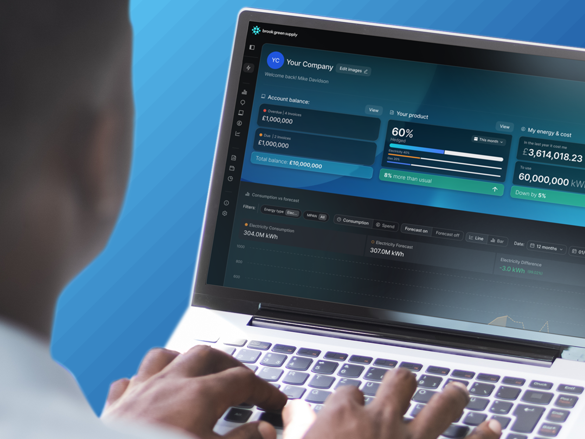 A person looks at energy data on a screen against a blue gradient background.