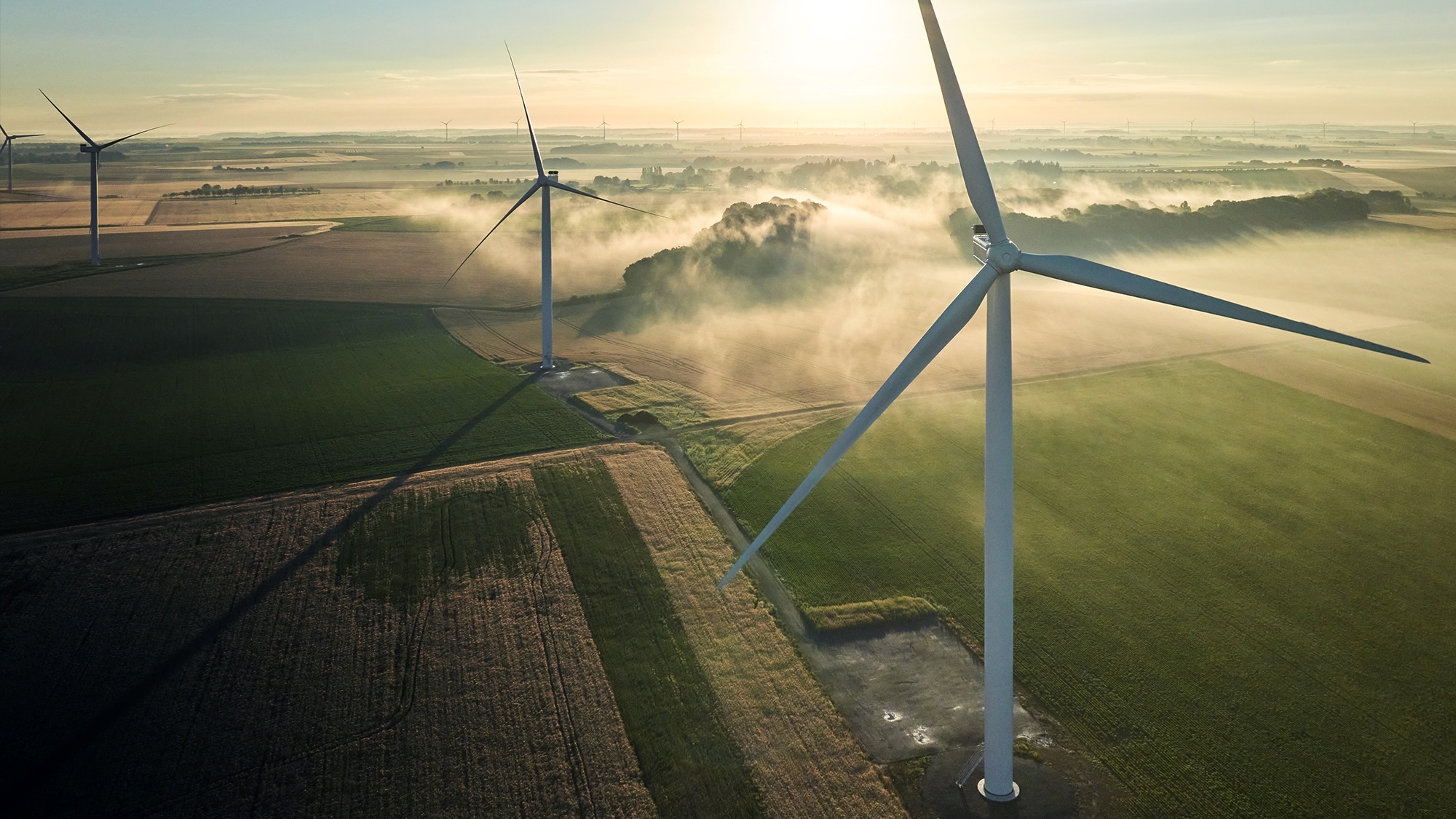 A view from above of some wind turbines scattered throughout grassy fields against a misty dawn.