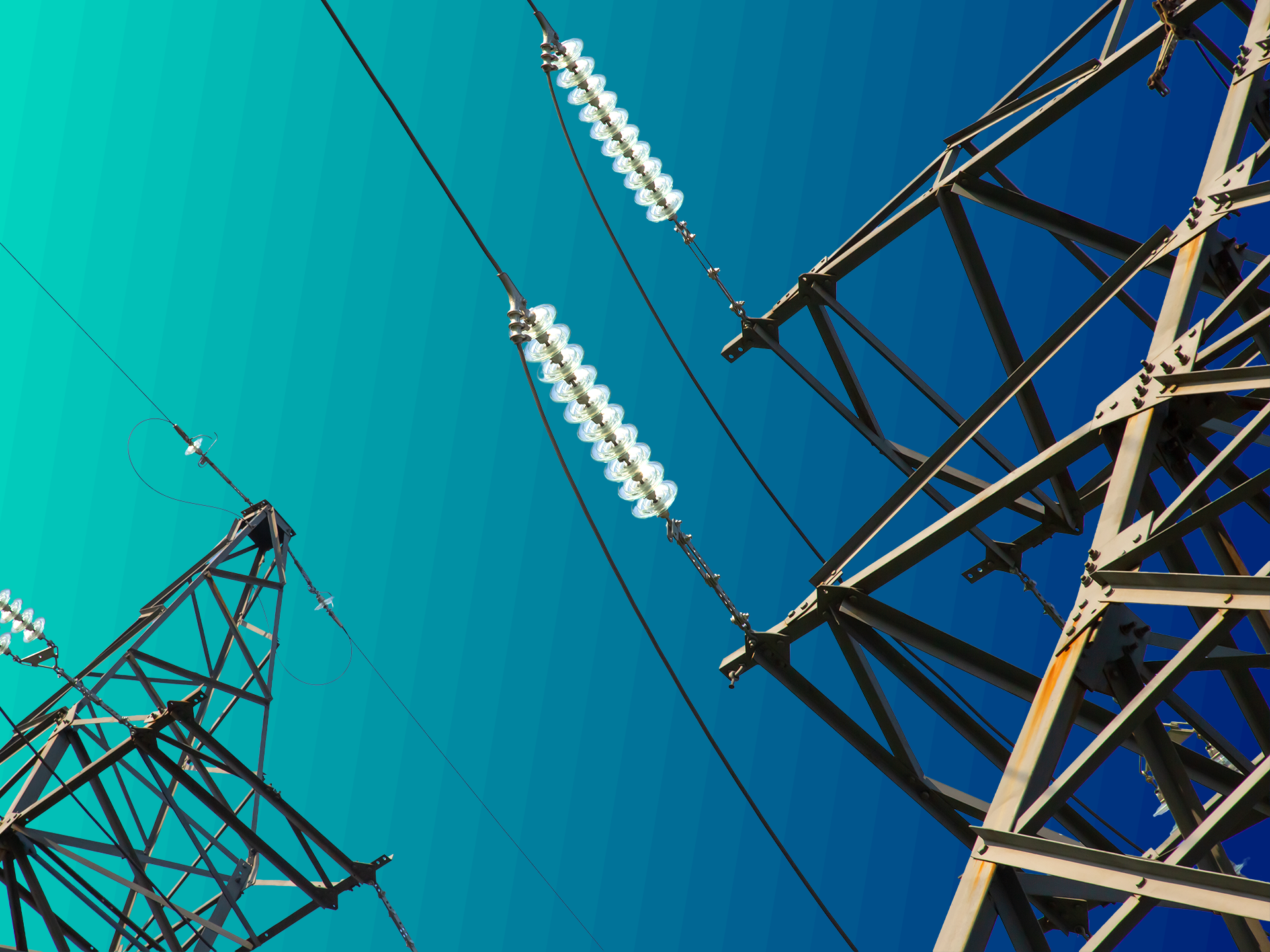 Close up of electricity pylons against a green gradient background.