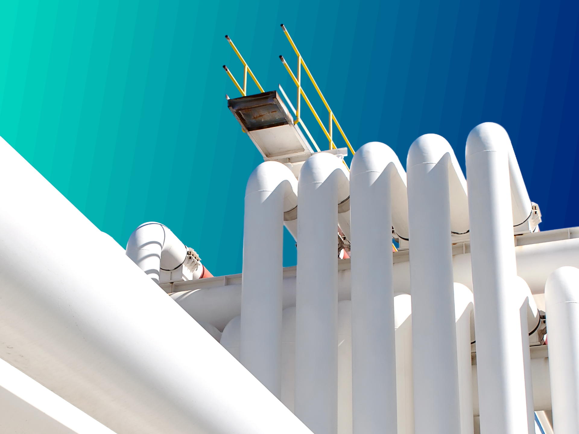 Close up of white gas pipes against a green gradient background.