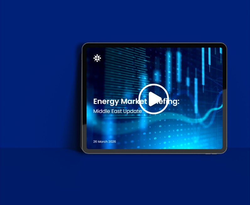 Middle East Update webinar holding slide on a tablet screen against a blue background.