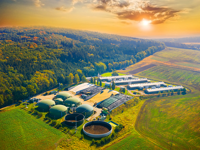 A birdseye view of an anaerobic waste plant, surrounded by fields and backed on to by a forest, framed by a setting sun.