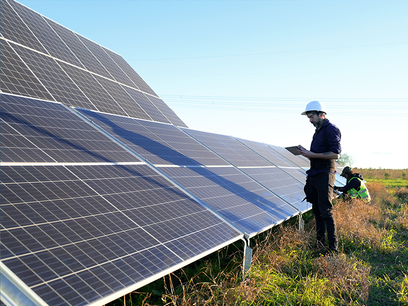 A side view of a person in a white hard hat stood in front of a large solar panel.