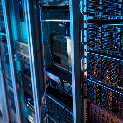Interconnected computer storage equipment in a dark room illuminated by blue light.