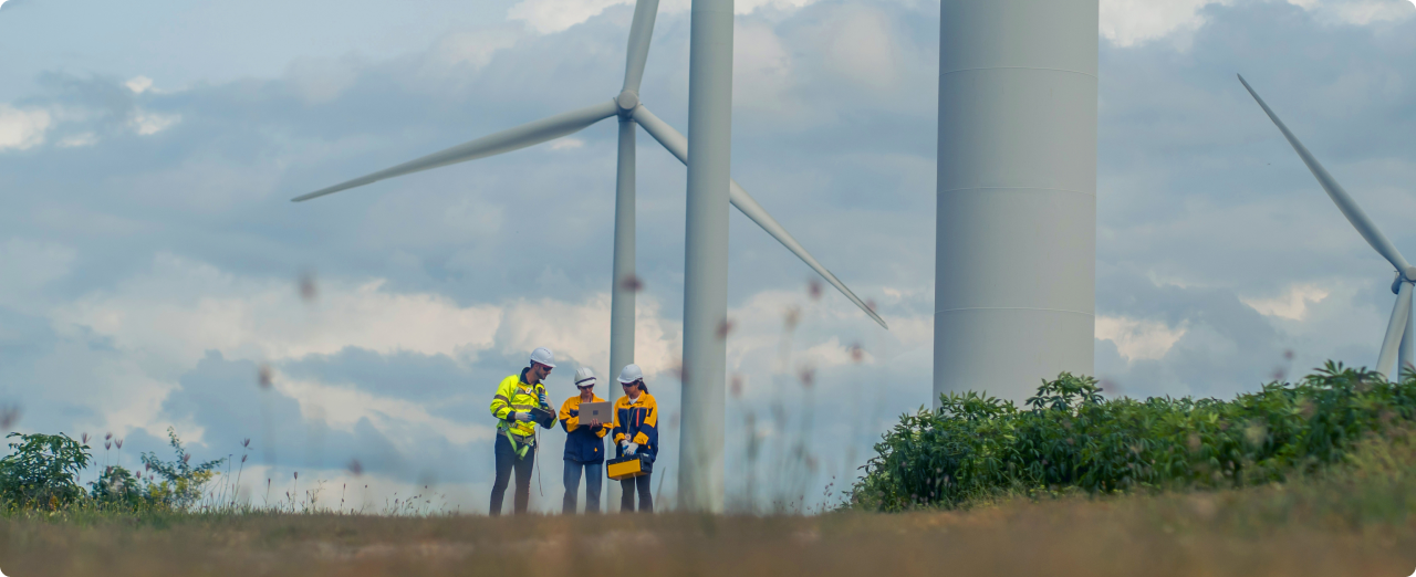 A group of people in high vis and white hard hats talk together surrounded by tall wind turbines.