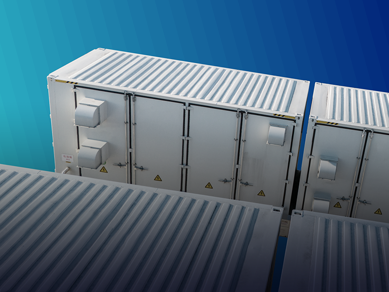 Energy storage units against a turquoise gradient background.
