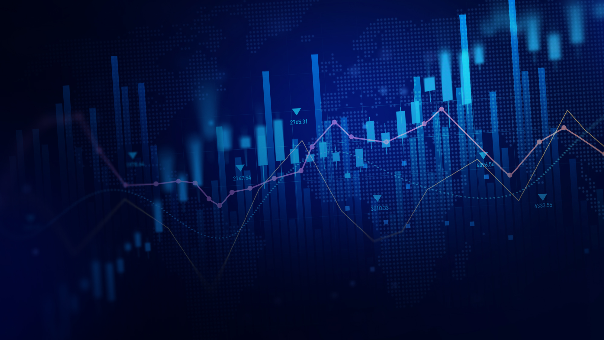 A close up of digital line and bar charts lit by blue light.