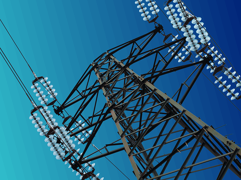 A view from below of an electricity pylon against a turquoise gradient background.