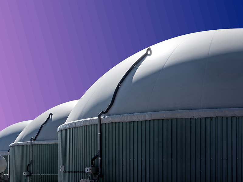 An anaerobic digester against a pinkish gradient background.
