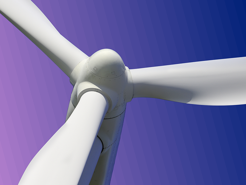 A wind turbine with a pink and purple gradient background.